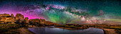 This is a classic Milky Way arch panorama, with the Milky Way, appropriately over the Milk River, as it winds through the sandstone rock formations and cliffs of Writing-on-Stone (Aisinai'pi) Provincial Park in southern Alberta. The Milk River is one of the few rivers in Canada that flow south into the Missouri River watershed and so into the Gulf of Mexico. It is flowing from right to left here, from west to east. It was quite windy this night, so the water was ripply and blurred by the long exposures, with no distinct reflections.