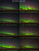 This is an 8-panel sequence showing the development and fading of an aurora on May 1, 2025, shot from home in southern Alberta at latitude 51º N. It shows the brightening of the main arc and appearance of tall red rays and upper blue curtains, over about 1 hour. The Kp Index was between 4 and 5 this night with the Bz south a good part of the time. This is looking northeast with the same framing for all images.