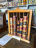 Antique account ledgers in Carter's commissary store from the 1800s at the Fort Bridger Historic Site in Wyoming.