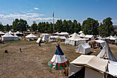 Aerial view of the Fort Bridger Rendezvous at the Fort Bridger Historic Site in Wyoming, a reenactment of the mountain man era. Prior permission granted for drone photography at site.