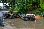 River canoes tied up at the shore of the Napo RIver at Pompeya as people shop at the local market. Ecuador.
