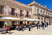Cafe terrace in Piazza del Duomo di Siracusa square, Ortigia, Sicily