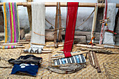 Traditional backstrap weaving looms in the Tahuantinsuyo Weaving Workshop, Otavalo, Ecuador.