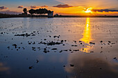 Long exposure captures the stunning sunset over rice fields in Isla Mayor, Seville, creating vibrant reflections in the still water.