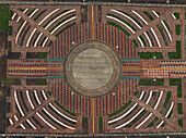 Aerial view of intricate geometric patterns and colorful circles on urban pavement, Baka, Jinka, Southern Nations Nationalities and Peoples' Region, Ethiopia.