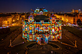 Aerial view of colorful lights illuminating the Croatian National Theater during a Festival of Light, Zagreb, Croatia.