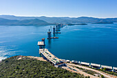 Aerial view of Peljeski bridge construction site over the sea, Brijesta, Peljesac, Croatia.