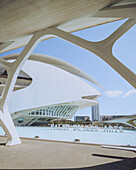 Valencia, Spanien - 16. April 2025: Blick auf die futuristische Stadt der Künste und Wissenschaften, die sich im ruhigen türkisfarbenen Wasser spiegelt, umrahmt von den organischen Kurven der L'Umbracle-Struktur.