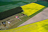 Aerial view of beautiful green and yellow agricultural fields with rural houses and a forest, Klietz, Sachsen-Anhalt, Germany.