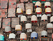 Aerial view of a bustling market with colorful rickshaws and people selling food, Dhaka, Dhaka, Bangladesh.