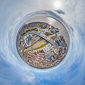 Aerial view of a tiny planet perspective of the historic Old Town with scenic skyline and river, Hull, England, United Kingdom.