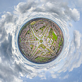 Aerial view of a tiny planet perspective of downtown Hull with roundabouts and buildings, England, United Kingdom.