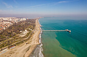 Aerial view of the beautiful Pier of Burgas with sandy beach and tranquil sea, Burgas, Burgas, Bulgaria.
