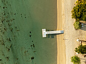 Aerial view of beautiful sandy beach with a picturesque pier and calm ocean, Riviere Noire District, Riviere Noire, Mauritius.