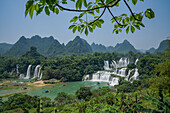 Aerial view of Ban Gioc Detian Falls along the Quay Son River on the Karst hills of Daxin County, Guangxi, China.