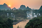 Aerial view of Ban Gioc Detian Falls along the Quay Son River on the Karst hills of Daxin County, Guangxi, China.