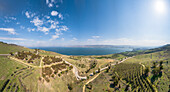 Panoramablick aus der Vogelperspektive auf ein landwirtschaftliches Feld in der Nähe der Küste des Jordan, See Genezareth, Israel.