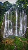 Aerial view of Ban Gioc Detian Falls along the Quay Son River on the Karst hills of Daxin County, Guangxi, China.