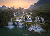 Aerial view of Ban Gioc Detian Falls along the Quay Son River on the Karst hills of Daxin County, Guangxi, China.