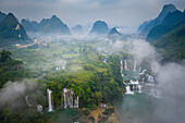Aerial view of Ban Gioc Detian Falls along the Quay Son River on the Karst hills of Daxin County, Guangxi, China.