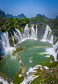 Aerial view of Ban Gioc Detian Falls along the Quay Son River on the Karst hills of Daxin County, Guangxi, China.