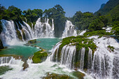 Aerial view of Ban Gioc Detian Falls along the Quay Son River on the Karst hills of Daxin County, Guangxi, China.