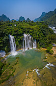 Aerial view of Ban Gioc Detian Falls along the Quay Son River on the Karst hills of Daxin County, Guangxi, China.