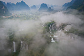 Aerial view of Ban Gioc Detian Falls along the Quay Son River on the Karst hills of Daxin County, Guangxi, China.