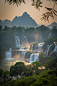 Aerial view of Ban Gioc Detian Falls along the Quay Son River on the Karst hills of Daxin County, Guangxi, China.