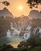 Aerial view of Ban Gioc Detian Falls along the Quay Son River on the Karst hills of Daxin County, Guangxi, China.