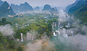 Aerial view of Ban Gioc Detian Falls along the Quay Son River on the Karst hills of Daxin County, Guangxi, China.