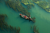 Bangladesh - 03 February 2021: Aerial view of a beautiful river with traditional boats and green algae, Ullapara, Bangladesh.