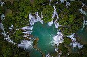 Aerial view of Ban Gioc Detian Falls along the Quay Son River on the Karst hills of Daxin County, Guangxi, China.