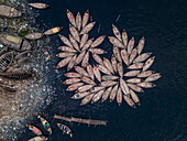 Luftaufnahme von Passagierbooten, die entlang des klaren Buriganga-Flusses angedockt sind, mit Menschen, Aganagar, Keraniganj, Bangladesch.