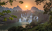 Aerial view of Ban Gioc Detian Falls along the Quay Son River on the Karst hills of Daxin County, Guangxi, China.