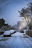 View of a snow-laden street with cars and houses covered in a thick blanket of white under a dim, cold sky, Reykjavík, Reykjavíkurborg, Iceland.
