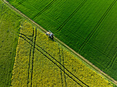 Luftaufnahme eines Traktors, der durch Felder mit leuchtend grünen und gelben Pflanzen fährt, die einen auffallenden Kontrast von Farbe und Textur in Wittenheim, Grand Est, Frankreich, bilden.