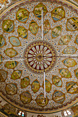 View of intricately painted domed ceiling with floral motifs and miniature scenes radiates artistry and tradition in Bikaner, Rajasthan, India.