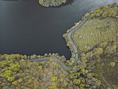 Aerial view of the dark lake water contrasting with the vibrant green foliage and winding road, a tranquil scene captured from above, Lugo, Lugo, Spain.