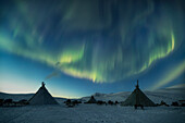 View of ethereal aurora borealis dances above traditional tents on a cold winter night, painting the arctic sky with vibrant greens, Salekhard, Yamalo-Nenets Autonomous Okrug, Russia.