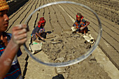 Feni, Bangladesh - 26 November 2018: View of laborers crafting bricks under the open sky, their hands shaping earth into building blocks, a dusty scene of hard work.