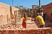 Feni, Bangladesh - 26 November 2018: View of workers in vibrant clothing passing bricks amidst a brick kiln's stark enclosure, under the clear sky.