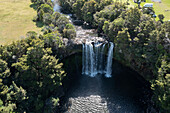 Aerial view of the cascading waterfall plunges into a dark pool, surrounded by dense green trees, a scene of serene beauty, Whangarei, Northland Region, New Zealand.