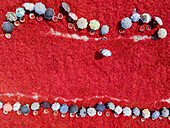 Aerial view of vibrant red chili peppers spread out to dry under the sun, dotted with colorful umbrellas, Sariakandi, Bogra District, Bangladesh.