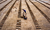 Gokul, Bangladesh - 27 November 2017: View of a worker carefully arranging freshly made bricks in neat, lengthy rows across the expansive, sun-baked yard.