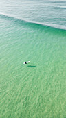 Luftaufnahme eines Surfers, der auf die perfekte türkisfarbene Welle wartet, das Meer reflektiert das sanfte Licht des Himmels, eine ruhige Szene der Vorfreude auf das Wasser, Kapstadt, Westkap, Südafrika.