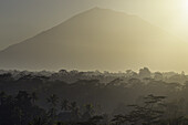 Aerial view of the sun-drenched landscape of Mancingan Rice Terrace with misty mountain peaks, Bali, Indonesia.