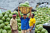 Dhaka, Bangladesh - 09 April 2022: View of a man balancing a basket of watermelons atop his head amidst a sea of green, a vivid display of commerce.