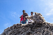 Jamalpur, Bangladesh - 18 August 2023: View of two men amidst a mound of jute fibers under a bright sky, showcasing the raw texture and earthy tones against the vibrant blue backdrop.