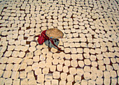 Bogura, Bangladesh - 22 April 2021: Aerial view of a lone figure amidst a sea of drying food under the sun, a textured tapestry of tradition and labor.